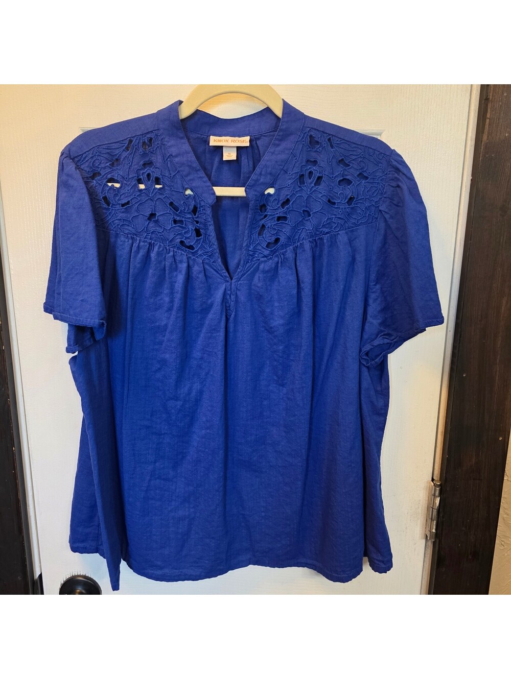 Knox Rose Women's Royal Blue Short Sleeve Blouse with Cutout Detail- XL